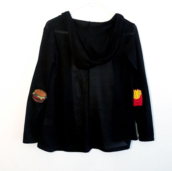 Noble U Black Hooded Cardigan with Emoji Burger + Fries Elbow Patches - Picture 4 of 7